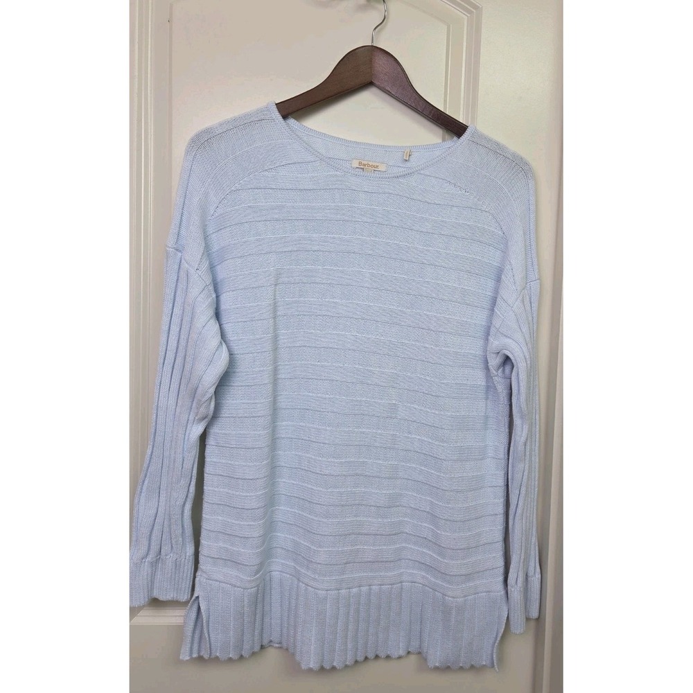 Barbour Portsdown Knit Sweater Ribbed Cable Blue 100% Cotton Womens Sz 10